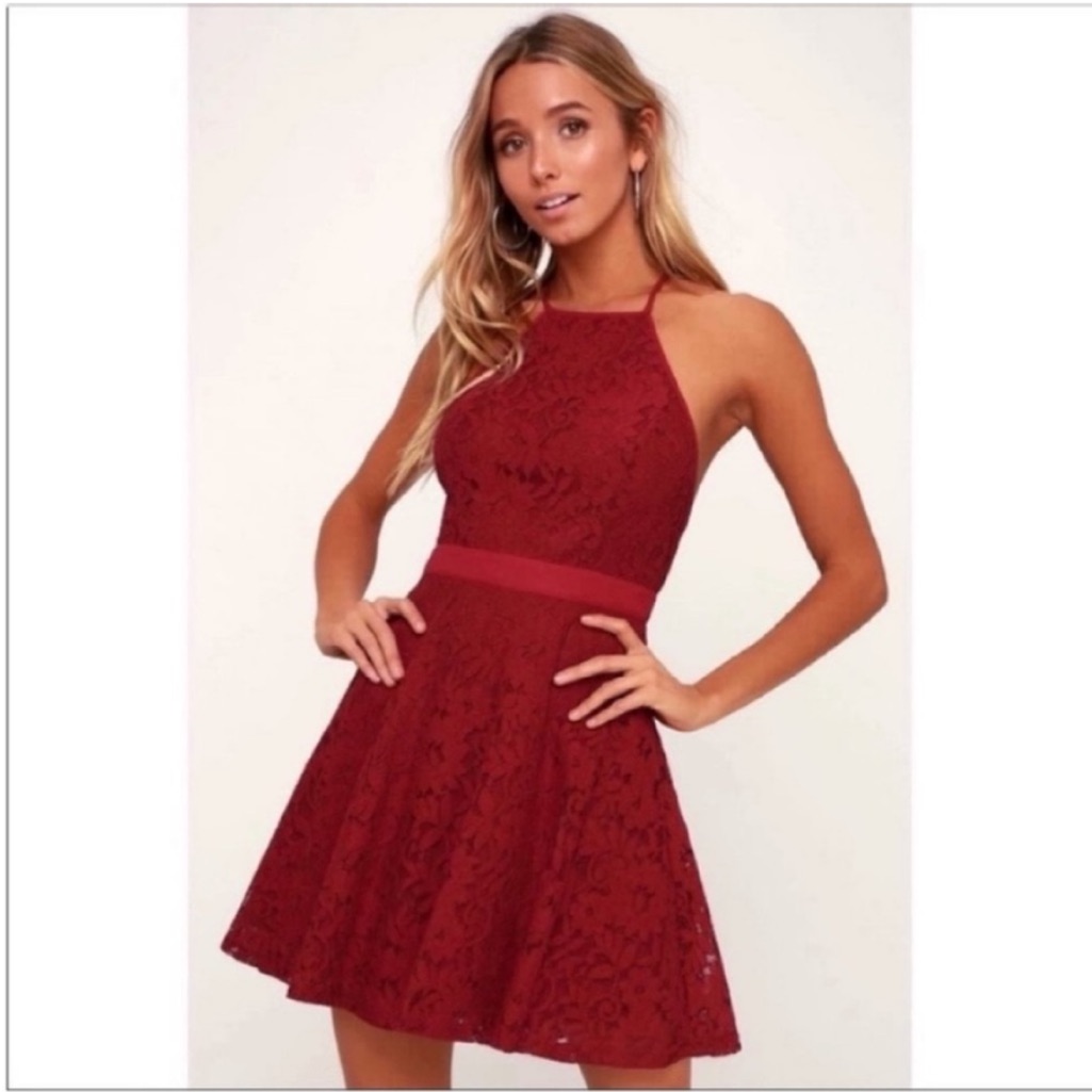 Lulu's Twirling Around Skater Dress Wine Red Lace Floral Mini High Neck